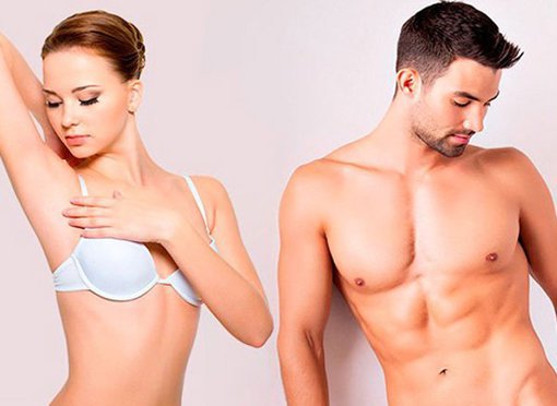 male and female laser hair removal patient models looking at their bodies